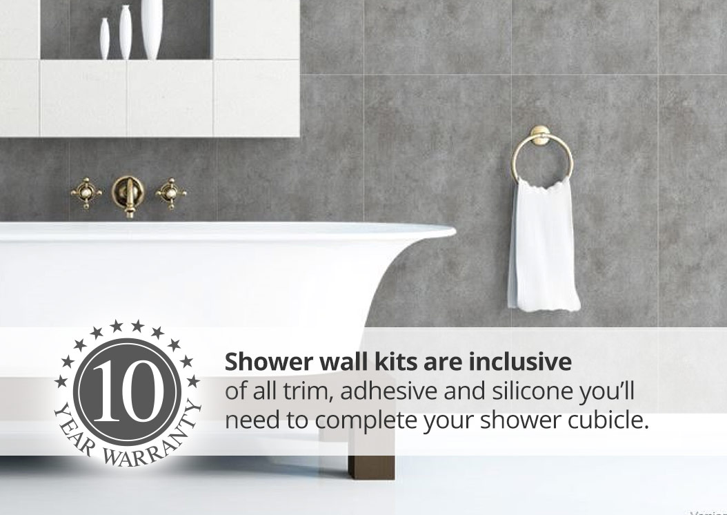 grey wet wall panels on wall behind a bathtub